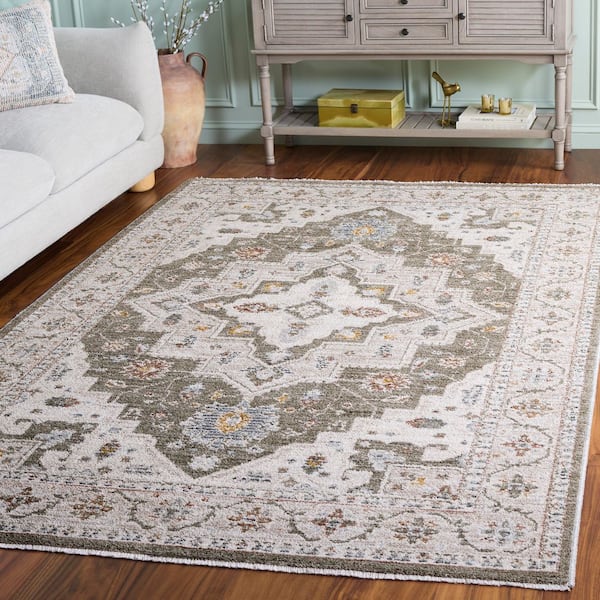 Vintage Rosewood 8 ft. x 10 ft. Green/Ivory Medallion Area Rug