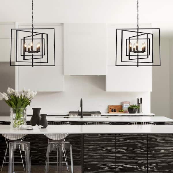 5-Light Black Candlestick Rustic Hanging Linear Chandelier Lighting for Kitchen Island