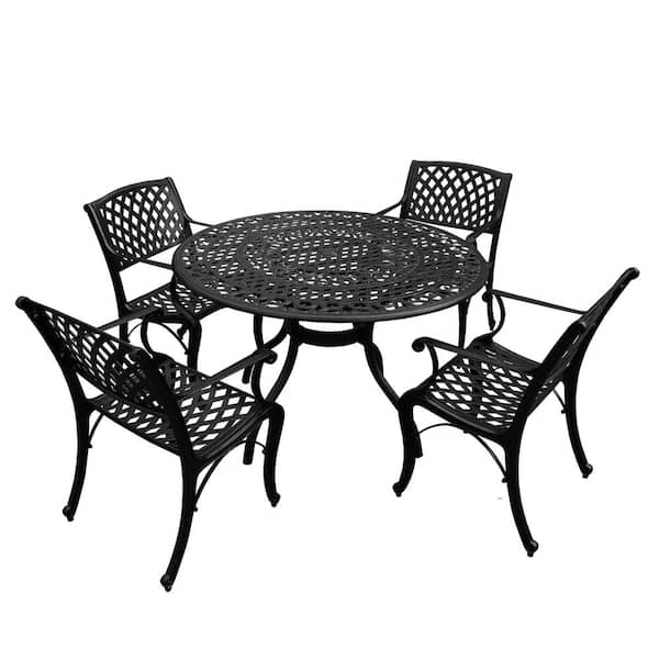 Black 5-Piece Round Aluminum Mesh Outdoor Dining Set with 4-Chairs