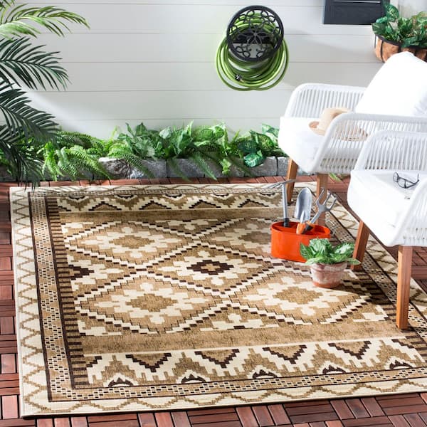 Veranda Cream/Brown Doormat 3 ft. x 5 ft. Border Indoor/Outdoor Patio Area Rug