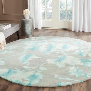 Dip Dye Gray/Turquoise 7 ft. x 7 ft. Round Floral Area Rug