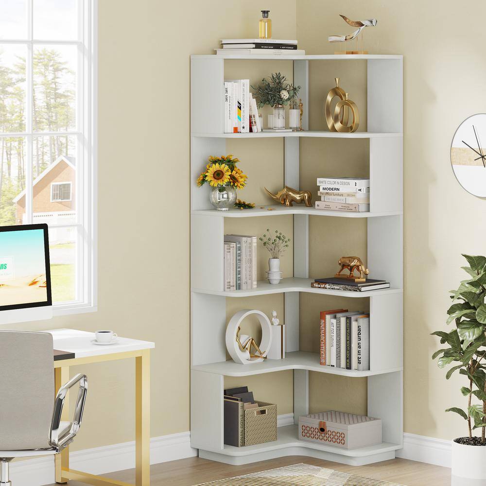 Silver Gray 65" Particle Board 6-Tier Corner Bookshelf with Anti-Drop Panel
