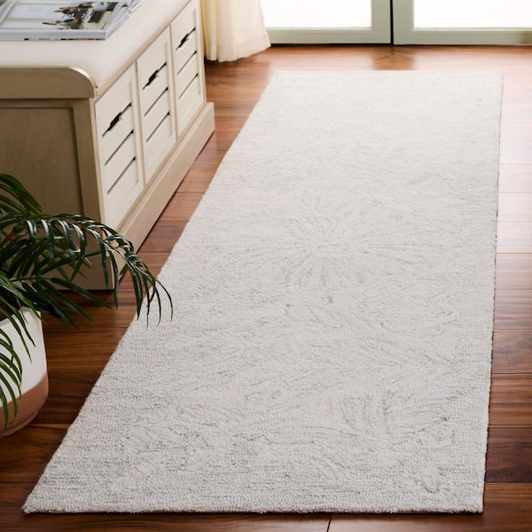Pine 2 ft. x 8 ft. Light Gray/Ivory Floral Solid Color Runner Rug
