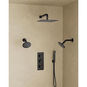 Thermostatic Valve 8-Spray 12 x 6 x 6 in. Wall Mount Dual Shower Head and Handheld Shower in Matte Black