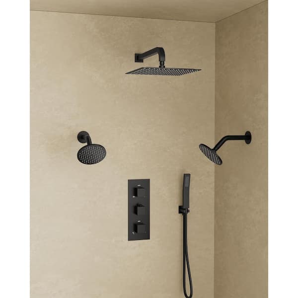 YAWWALK Thermostatic Valve 8-Spray 12 x 6 x 6 in. Wall Mount Dual Shower Head and Handheld Shower in Matte Black