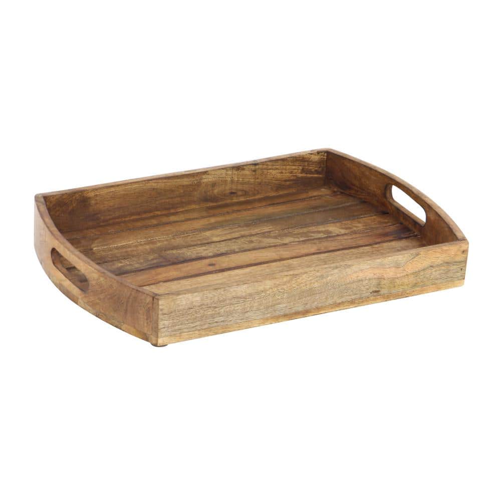 Light Brown Mango Wood Decorative Tray Set with Slot Handles, 3-Piece