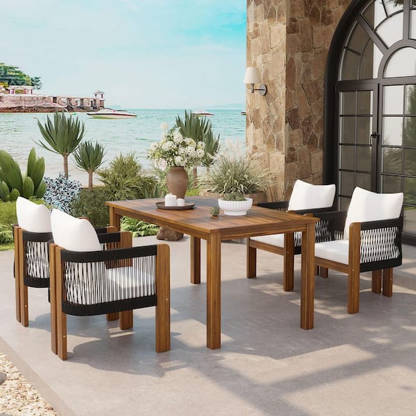 5-Piece Solid Acacia Wood Outdoor Dining Set with Black Cushions, Rope Woven High-Back Chairs, Rectangular Table