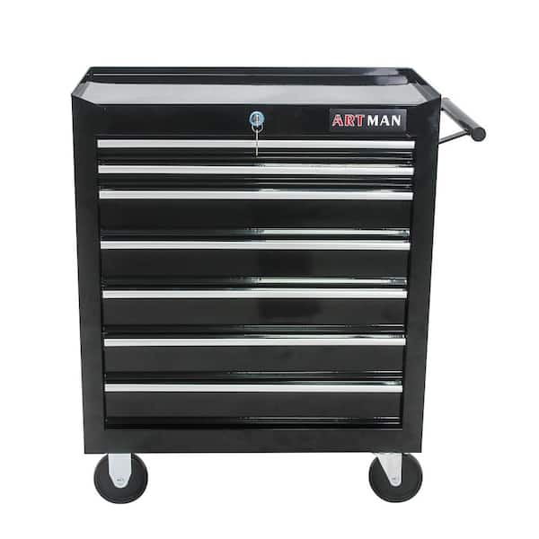 Black Metal 7-Drawer Multi-Function Tool Cart, Workshop Tool Trolley with Wheels
