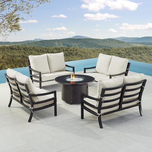 Oakland Living Black 7-Piece Aluminum Patio Fire Pit with 4-Deep Seating Loveseat Light Grey Cushions