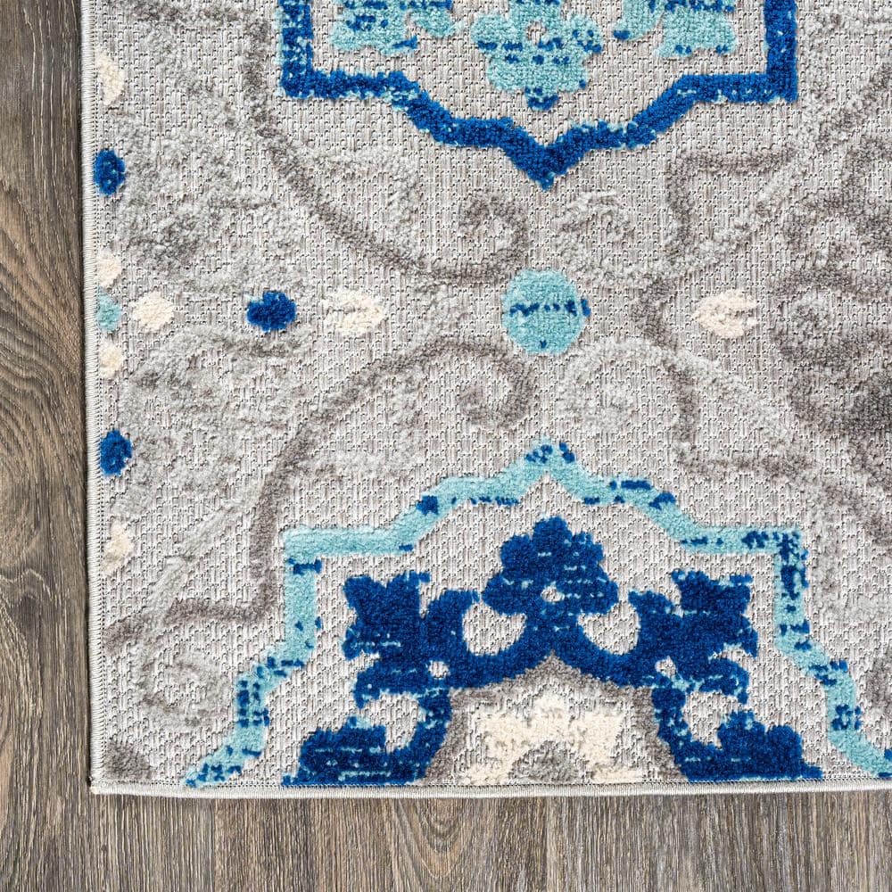 Mediterranean Medallion Blue Khaki 4'x6' Easy-Care Area Rug