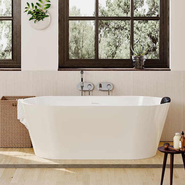 VANITYFUS 59.05 in. x 29.53 in. Stone Resin Solid Surface Freestanding Soaking Bathtub with Hose, Drain and Pillow in Matte White