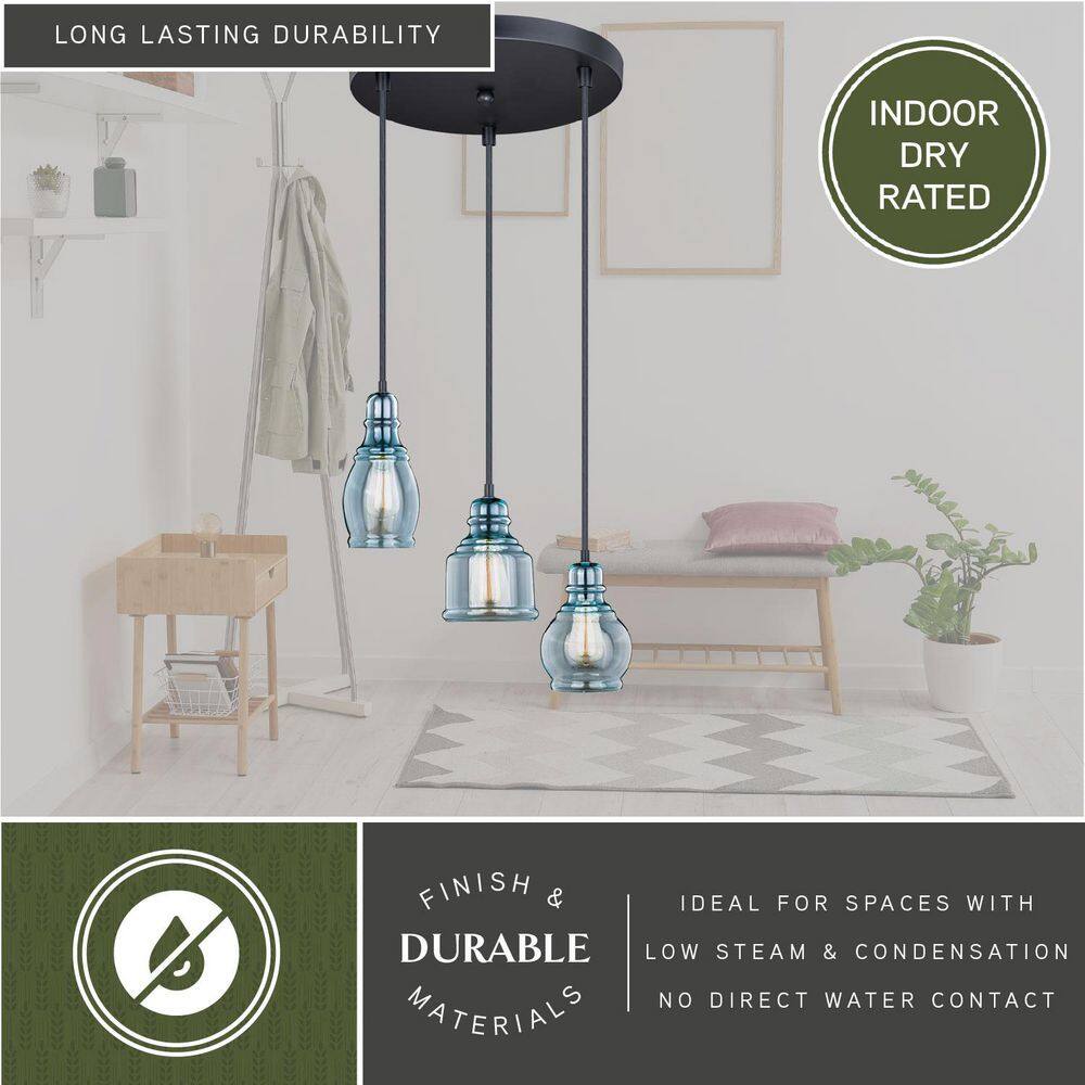 Bronze Mini 3-Light Pendant with Smoke Blue Seeded Glass