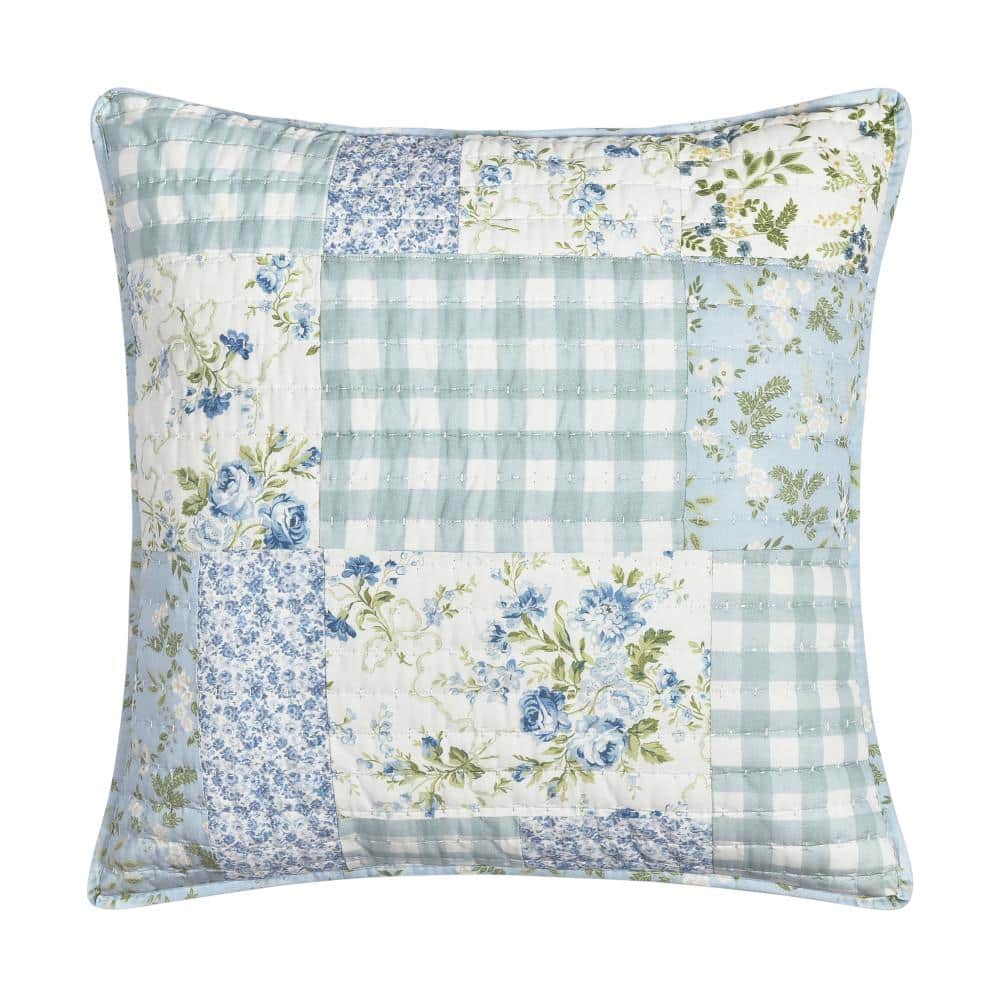 Kara Blue Floral Cotton Euro Quilted Sham 26 in. L X 26 In. W