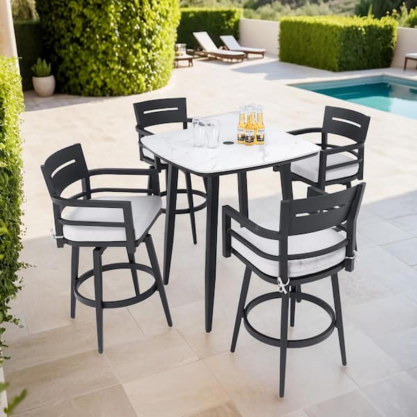 Barvallo 5-Piece Aluminum 41.7 in. Outdoor Bistro Set with Swivel Chairs and Sunbrella Silver Cushion and Umbrella Hole