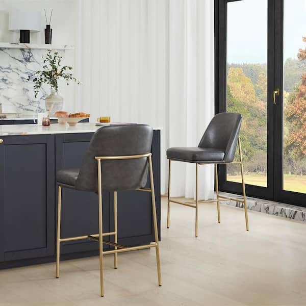 Spruce & Spring Monae 27 in. Gray High Back Wood Counter Stool with Faux Leather Seat (Set of 2)