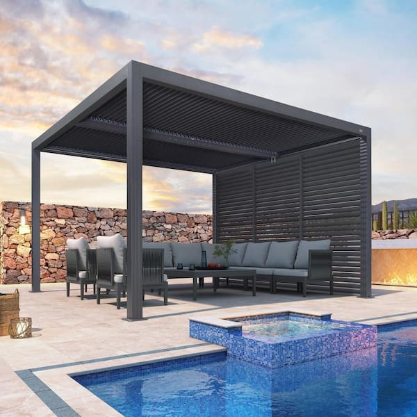 12 ft. x 12 ft. Gray Aluminum Louvered Pergola with 2 Adjustable Sunshade Roofs and 1-Short Side Fixed Shutter Wall