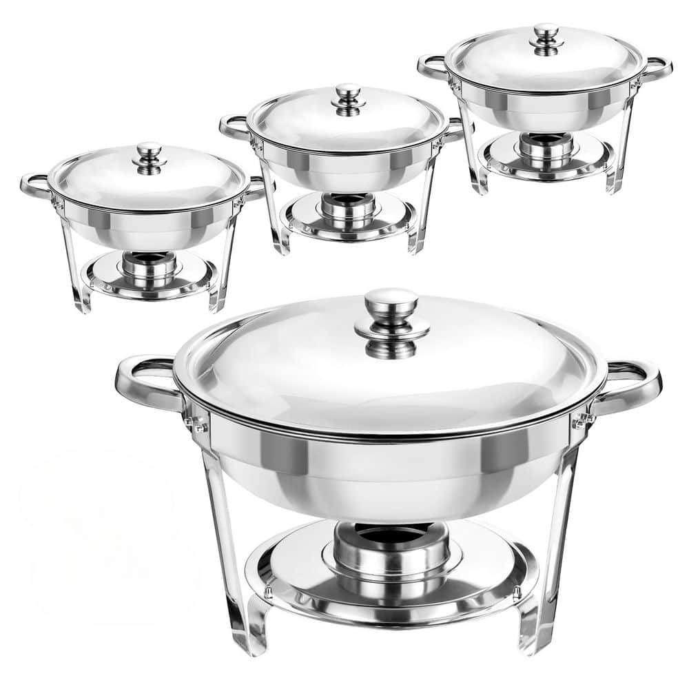 Round Chafing Dish Set 5 qt. Silver Stainless Steel Chafing Dishes for Buffet with Good Warming Performance 4-Pack