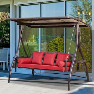 3-Person Metal Flat Pipe Patio Swing with Adjustable Canopy and Red Cushions Support 800 lbs.