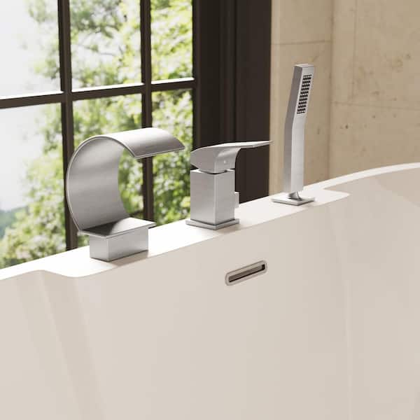 GRANDJOY Bathtub Faucet Single-Handle Deck Mount Roman Tub Faucet with Handheld in Brushed Nickel Valve Included
