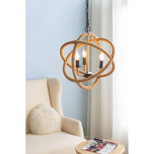 Vintage Series 3-Light Beige Brown Rope Wrapped Globe Chandelier Rustic Orb Chandelier for Dining Room