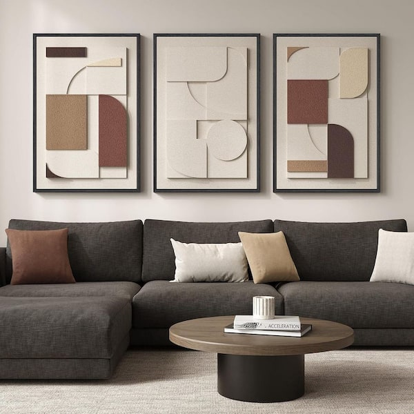 3 Piece Framed Large 3D Textured Wall Art Poster, Brown and Tan Geometric Texture Artwork for Walls, 36 in. x 24 in