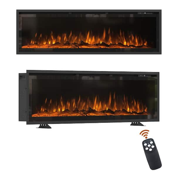 50 in. Wall Mounted Freestanding Electric Fireplace Recessed with Overheating Protection in Black