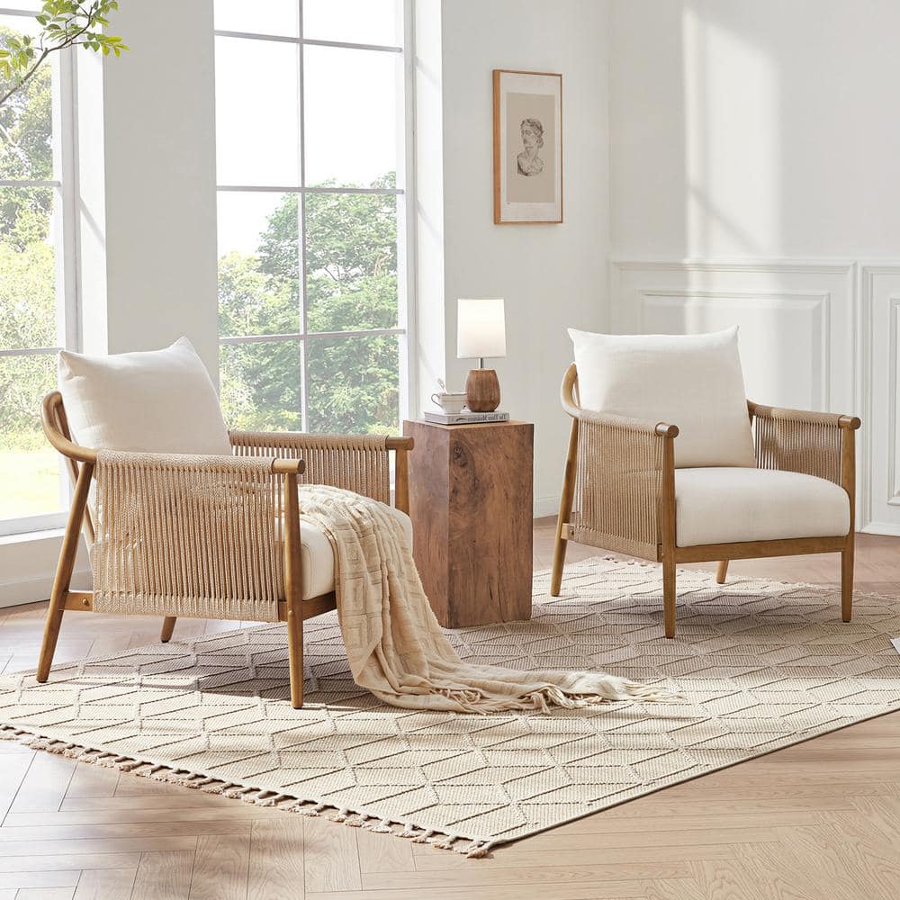 Cream Fabric and Wood Square Arm Accent Chair