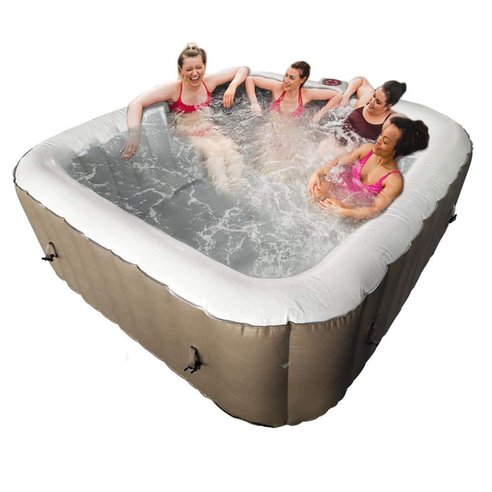 Brown and White 6-Person Square Inflatable Hot Tub Spa with Cover