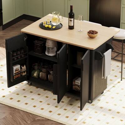 Fluted Black Wood Kitchen Cart with Drop-Leaf, Internal Storage Rack, Towel Rack