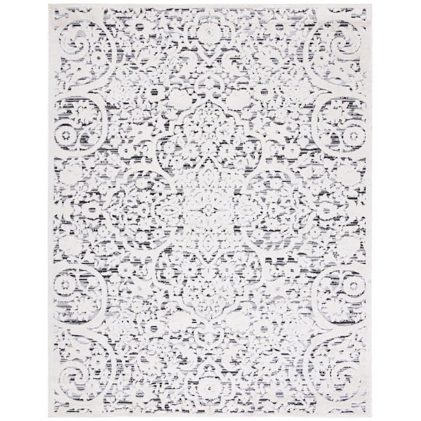 SAFAVIEH Cabana Ivory/Gray 9 ft. x 12 ft. Medallion Striped Indoor/Outdoor Patio  Area Rug