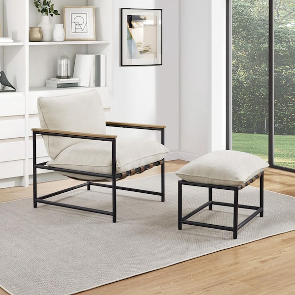 Sanders Sling Chair and Ottoman set with Matte Black Metal Frame with Wood Armrests in Ivory Chenille Fabric