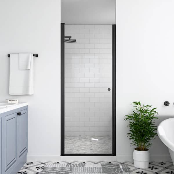 34 in. W x 72 in. H Space Saving Pivot Semi-Frameless Swing Shower Door in Black Finish in 1/4 in. Clear Tempered Glass