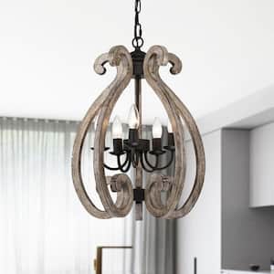Lina 17 in. 6-Light Indoor Rustic Brown and Faux Wood Grain Chandelier with Light Kit