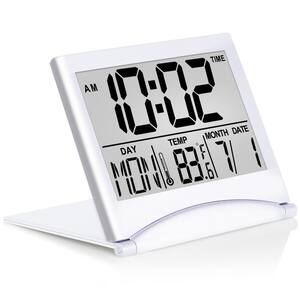 Digital Travel Alarm Clock - Foldable Calendar & Temperature & Timer LCD Clock Battery Operated Silver