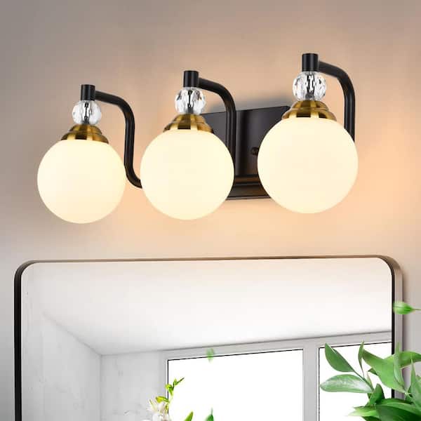 18.1 in. 3-Light Black and Gold Vanity Light with Globe White Frosted Glass Shade