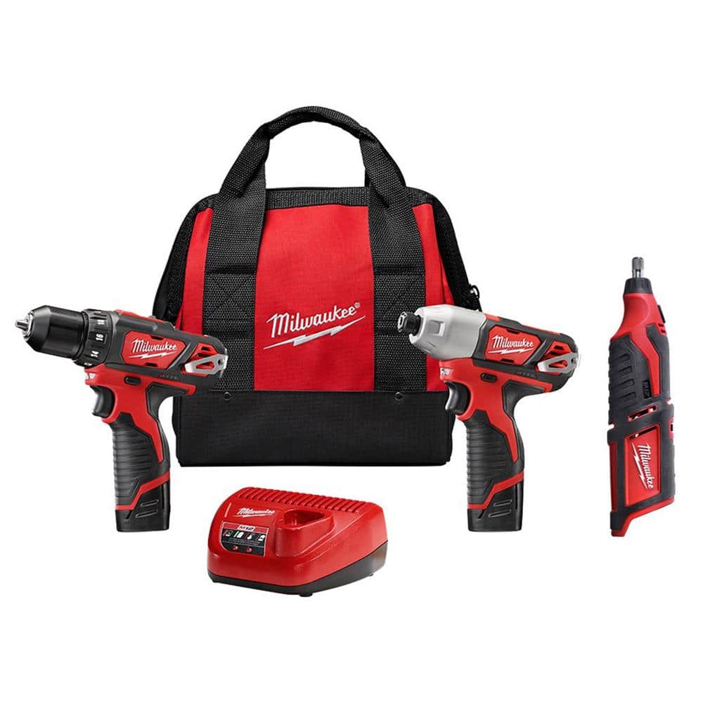 Milwaukee M12 12V Lithium-Ion Cordless Drill Driver/Impact Driver Combo Kit (2-Tool) with M12 Rotary Tool -  2494-22-246
