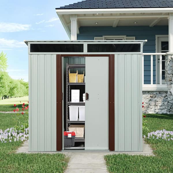 Outdoor Storage Shed 6 ft. W x 5 ft. D Metal Shed with Foundation and Sliding Door White/Coffee (30 sq. ft.)
