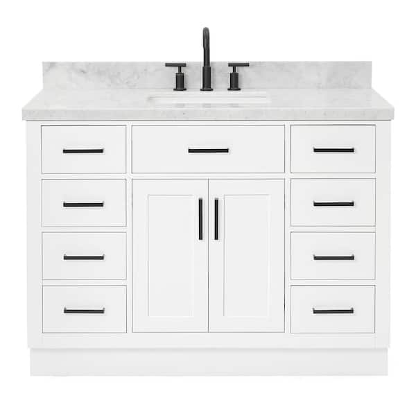 Hepburn 49 in. W x 22 in. D x 36 in. H Bath Vanity in White with Carrara Marble Vanity Top in White with White Basin