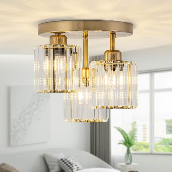 GoYeel 11.22 in. 3-Light Gold Modern/Contemporary Semi-Flush Mount Ceiling Light with Crystal Glass Shade