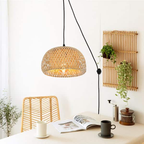 Kitchen Island 60-Watt 1 Light Plug in Bamboo Shade Chandelier Pendant Light with 2 Bases and Switch, Adjustable Height