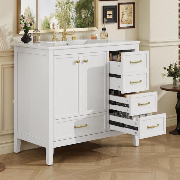 36 in. Freestanding White Bath Vanity with Ceramic Top Sink and 4 Drawers