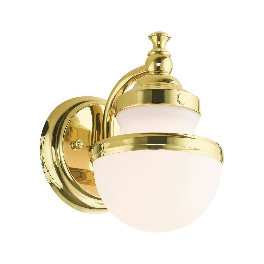 Oldwick Polished Brass 1-Light Sconce with Satin Opal White Glass