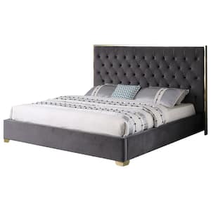 Demarcus Dark Gray Queen Velour Upholstered Bed (Gold Finish)