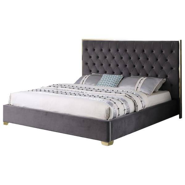 Best Master Furniture Demarcus Dark Gray Queen Velour Upholstered Bed (Gold Finish)