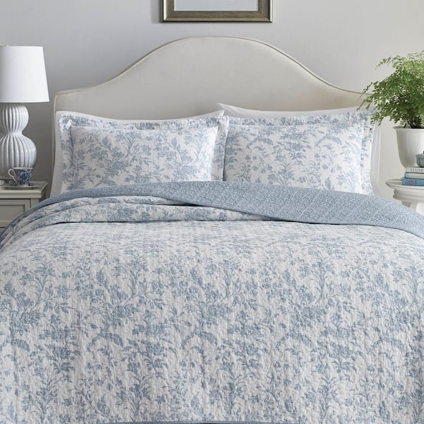 Laura Ashley Amberley 3-Piece Soft Blue Floral Cotton King Quilt