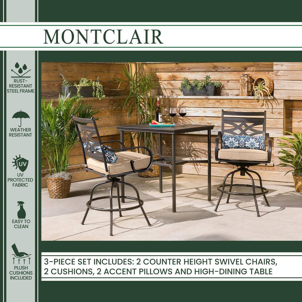 Elegant Montclair 3-Piece Tan High-Dining Patio Set with Swivel Chairs