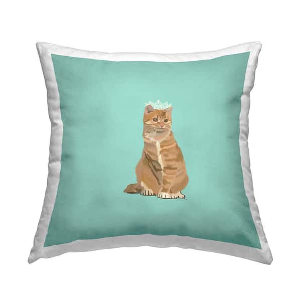 Orange Cat with Crown Blue Print Polyester 18 in. x 18 in. Throw Pillow