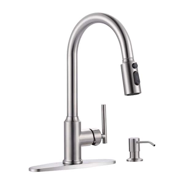 15.3 in. Single Handle 360° Pull Down Sprayer Kitchen Faucet with Soap Dispenser and Deck Plate in Brushed Nickel