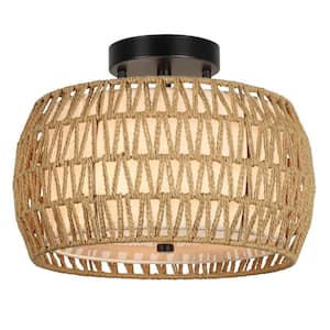 Annecy 12.6 in. 3-Light Brown Rattan Semi-Flush Mount with Shade and No Bulbs Included