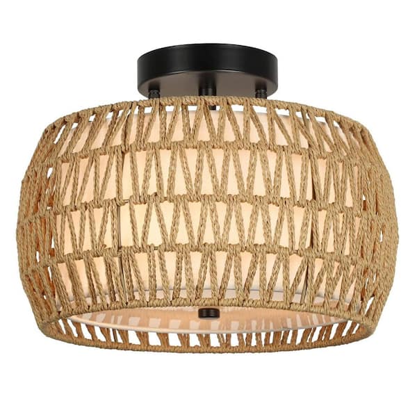 SEEUTEK Annecy 12.6 in. 3-Light Brown Rattan Semi-Flush Mount with Shade and No Bulbs Included